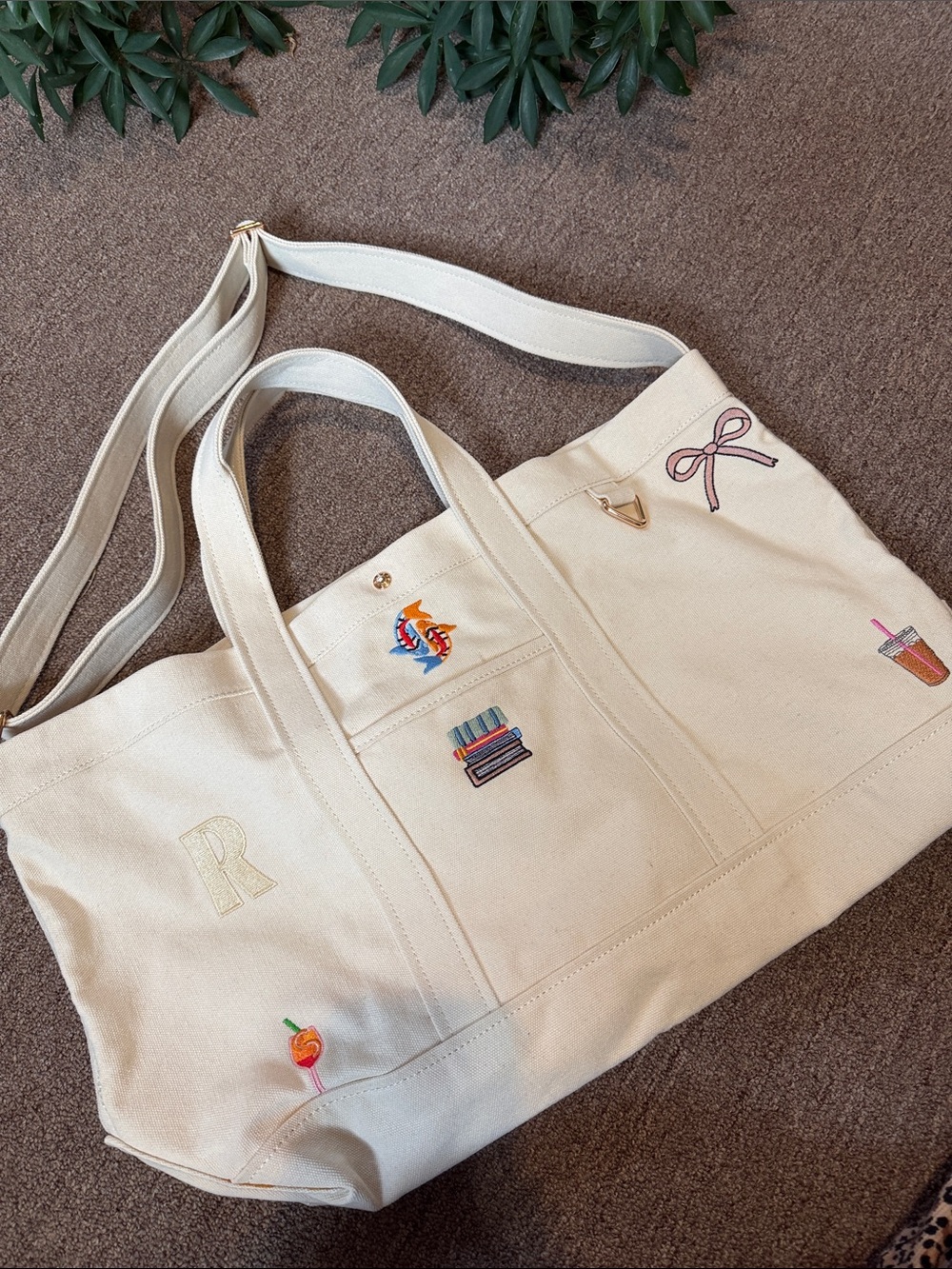 BaubleBar Canvas Tote Bag with Embroidered Motifs - Cream